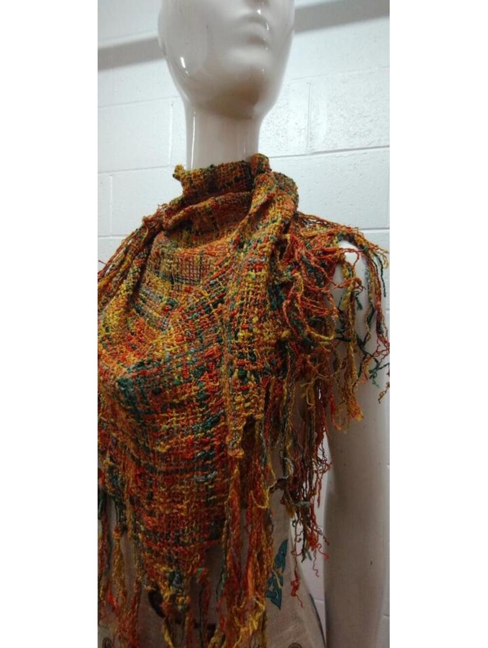 Vintage Bohemian Scarf Earth Multicolor Rayon Fringe Wrap Triangle Scarf UNISEX